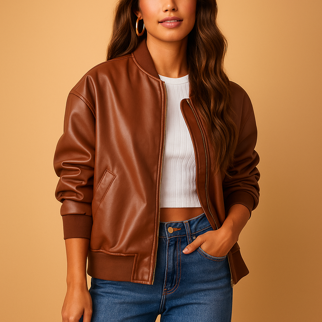 Women’s long leather jacket with baseball-style accents in black, brown, or beige, designed for warmth, comfort, and stylish winter city wear.