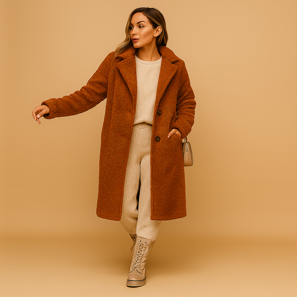 Long teddy coat for women in soft beige, featuring an elegant cut and ultra-soft texture for warmth, comfort, and versatile winter style.