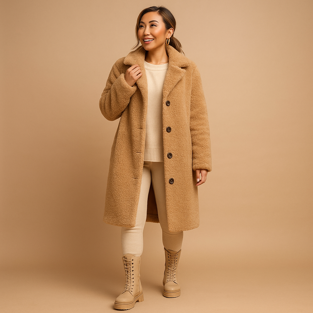 Long teddy coat for women in soft beige, featuring an elegant cut and ultra-soft texture for warmth, comfort, and versatile winter style.