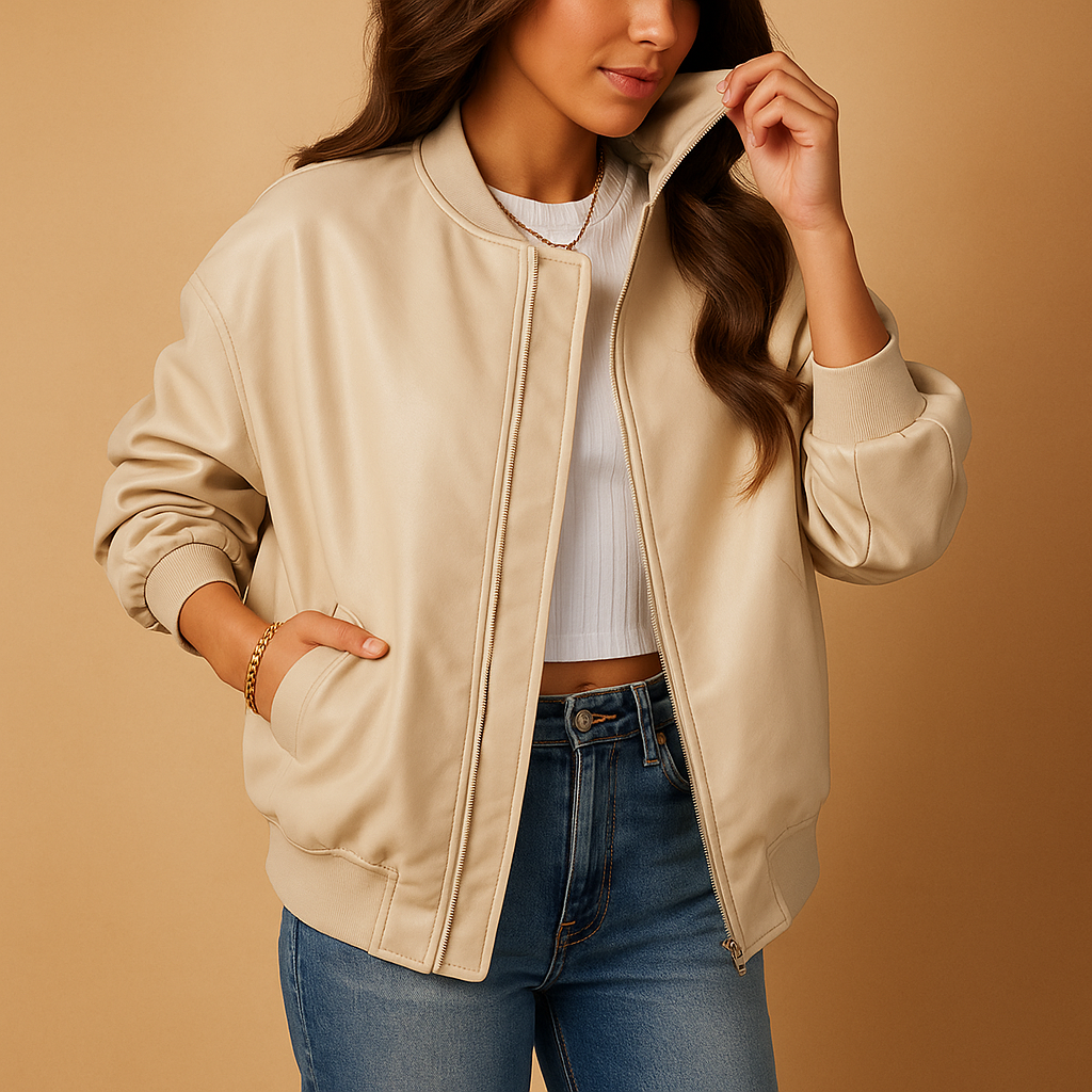 Long women’s varsity-inspired jacket with extended fit, available in beige, black, and brown.