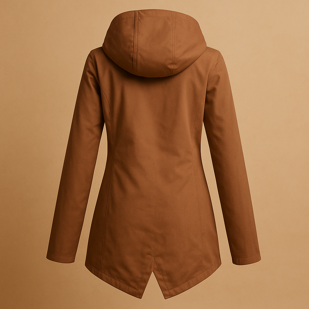 Long waterproof raincoat for women with hood, breathable fabric, and extended fit, available in apricot, blue, coffee, grey, white, and wine red.