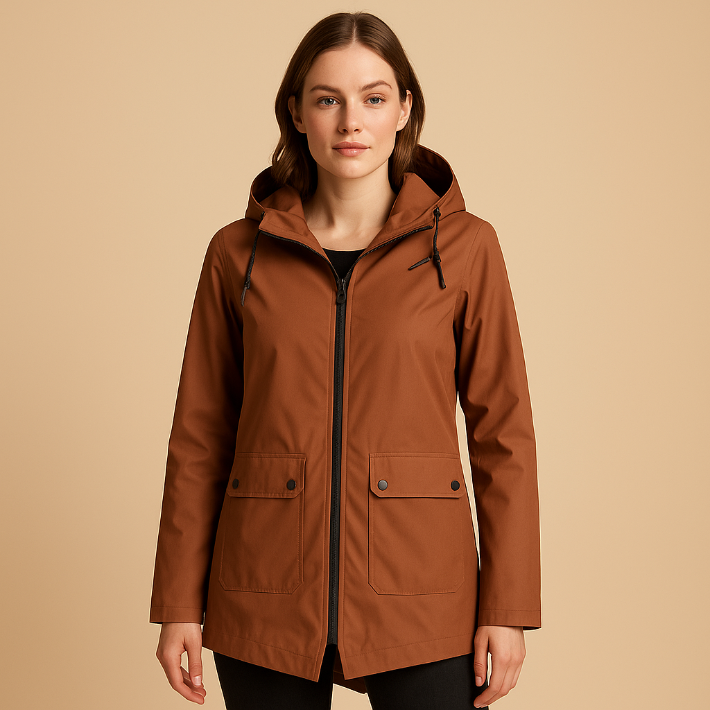 Long waterproof raincoat for women with hood, breathable fabric, and extended fit, available in apricot, blue, coffee, grey, white, and wine red.