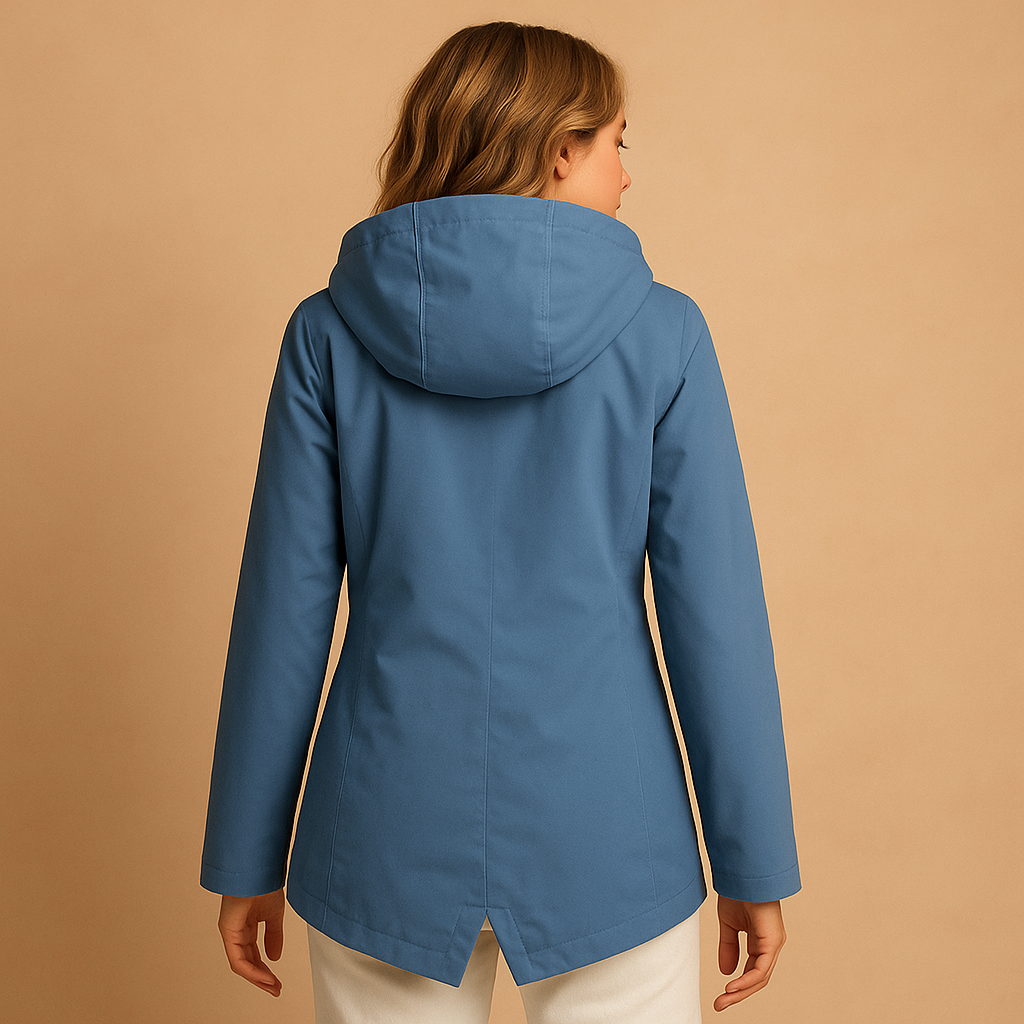 Long waterproof raincoat for women with hood, breathable fabric, and extended fit, available in apricot, blue, coffee, grey, white, and wine red.