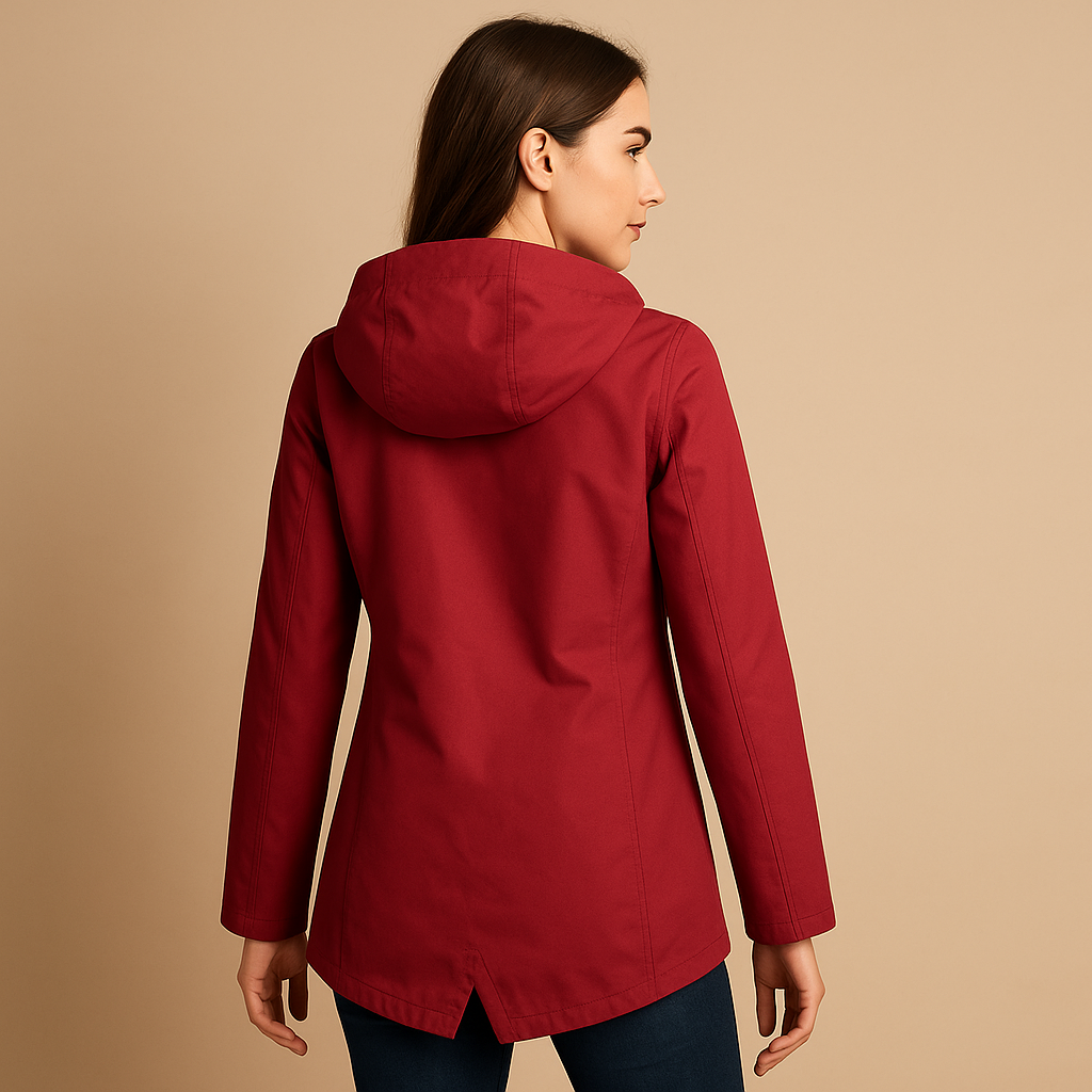 Long waterproof raincoat for women with hood, breathable fabric, and extended fit, available in apricot, blue, coffee, grey, white, and wine red.