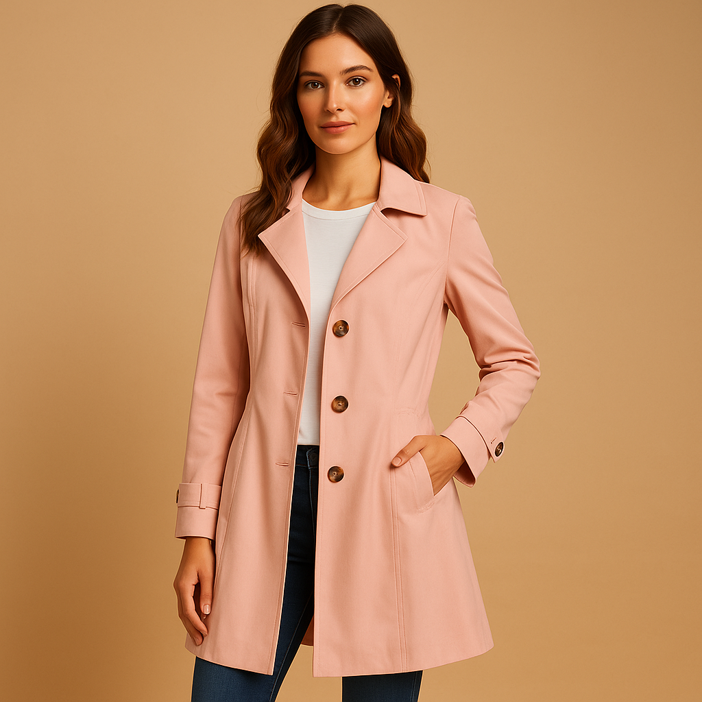 Women’s long waterproof windbreaker coat with adjustable waist and hood, breathable lining, available in black and beige.