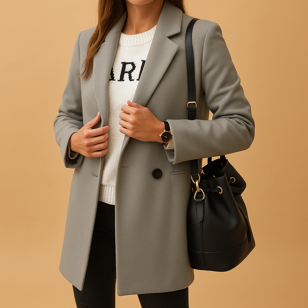 Long winter coat for women with tailored fit, insulating premium fabric, and classic single-breasted design, available in anthracite grey, navy blue, and camel.