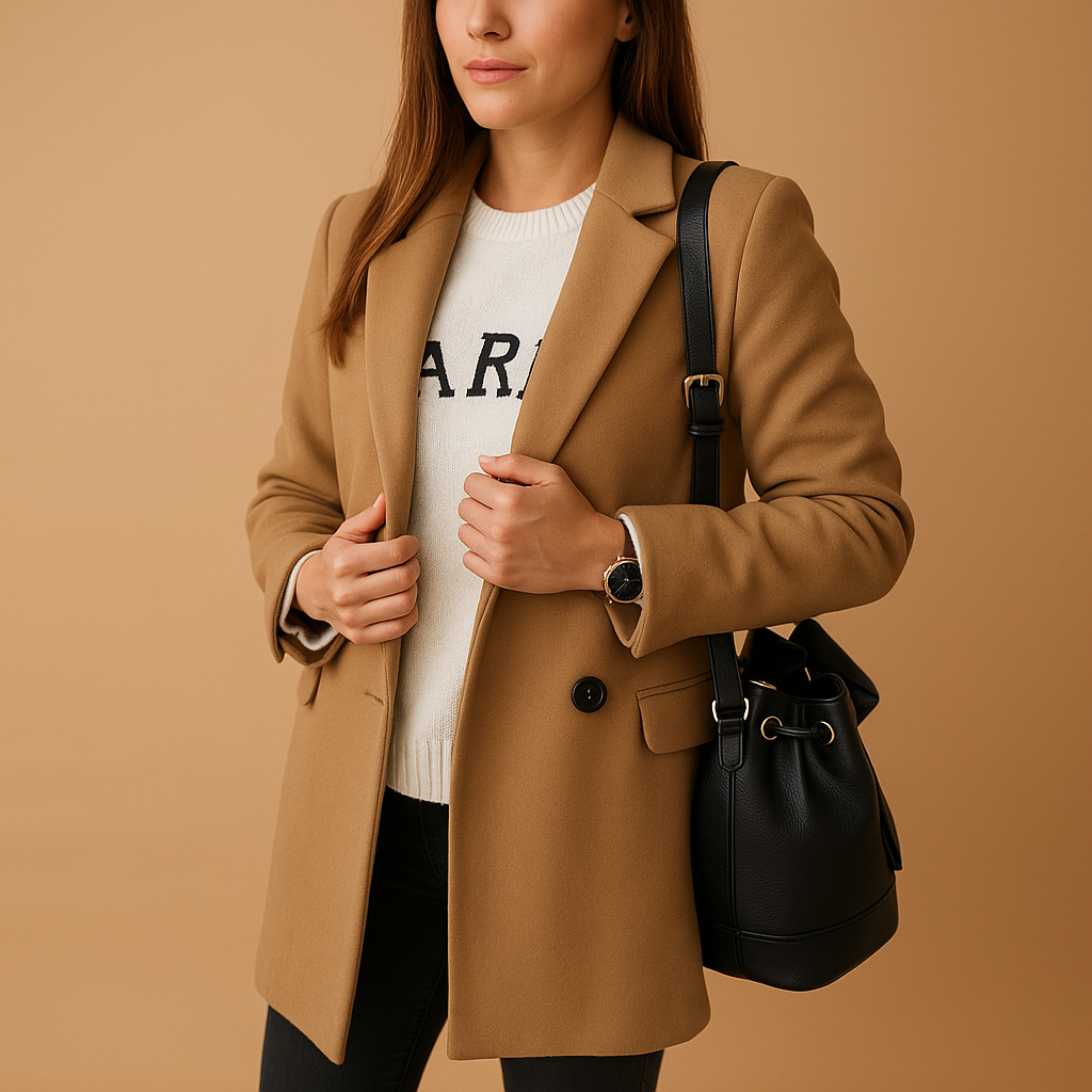 Long winter coat for women with tailored fit, insulating premium fabric, and classic single-breasted design, available in anthracite grey, navy blue, and camel.
