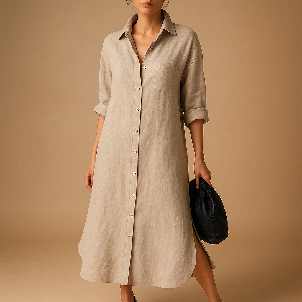 Light hemp blend women’s shirt dress with button closure, perfect for spring, summer, and casual or special occasions.