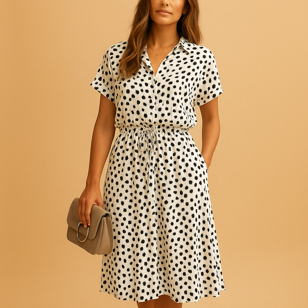 Women’s midi A-line dress with V-neckline, short sleeves, and button details, perfect for summer outings, casual wear, or chic occasions.