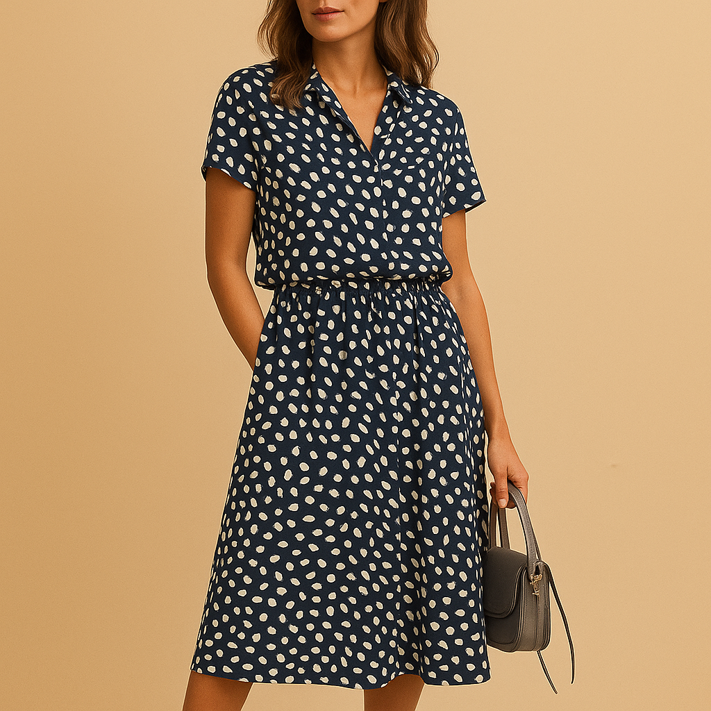 Women’s midi A-line dress with V-neckline, short sleeves, and button details, perfect for summer outings, casual wear, or chic occasions.