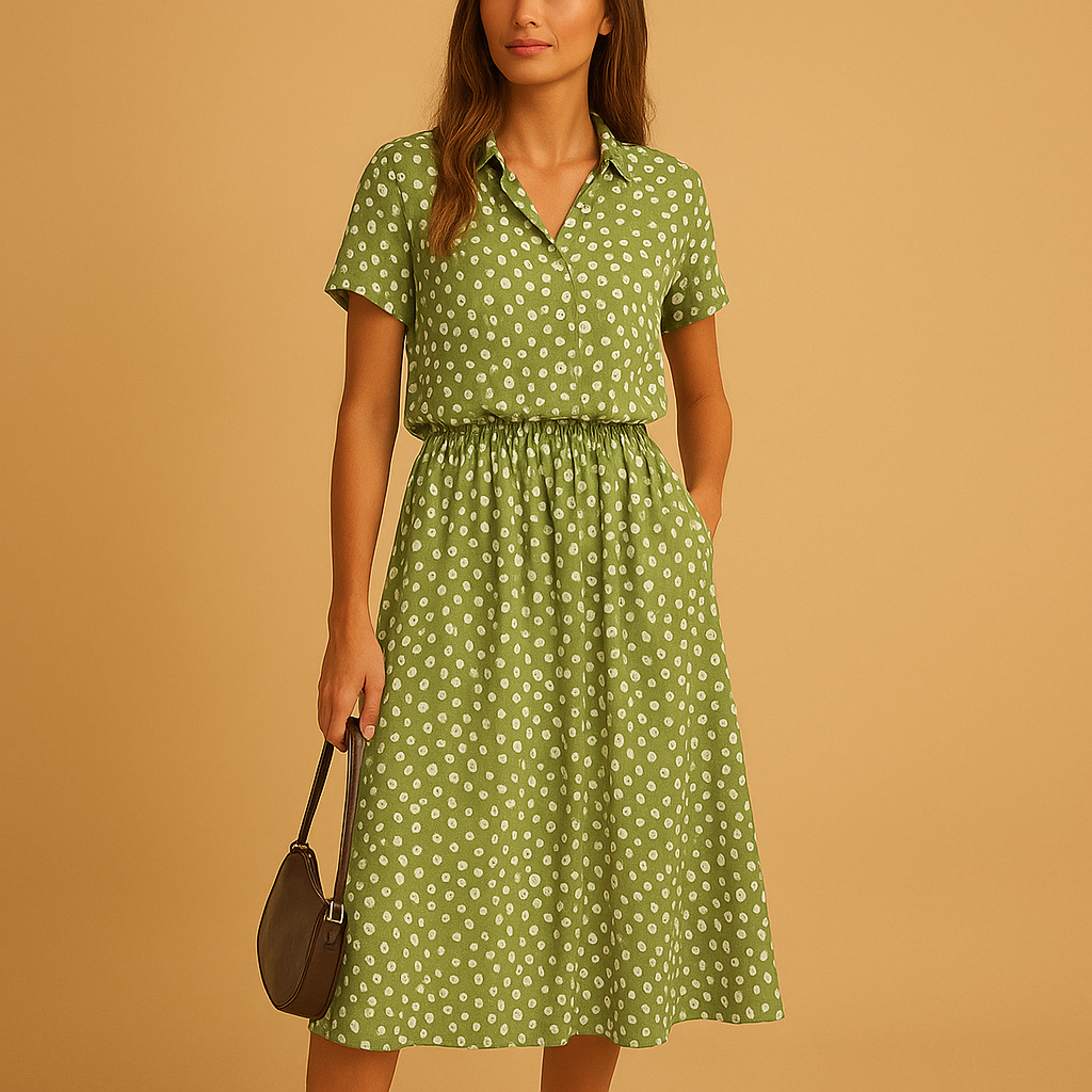 Women’s midi A-line dress with V-neckline, short sleeves, and button details, perfect for summer outings, casual wear, or chic occasions.
