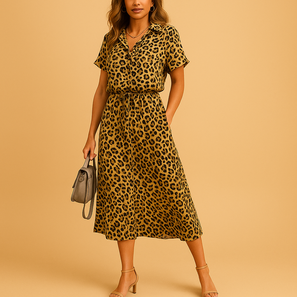 Women’s midi A-line dress with V-neckline, short sleeves, and button details, perfect for summer outings, casual wear, or chic occasions.
