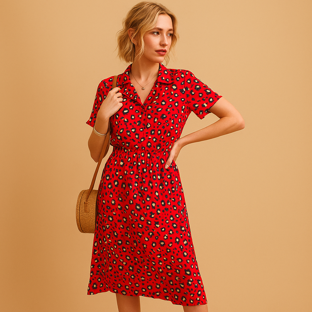 Women’s midi A-line dress with V-neckline, short sleeves, and button details, perfect for summer outings, casual wear, or chic occasions.