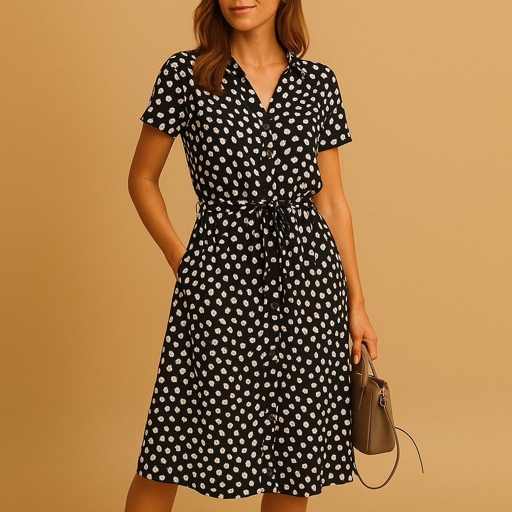 Women’s midi A-line dress with V-neckline, short sleeves, and button details, perfect for summer outings, casual wear, or chic occasions.