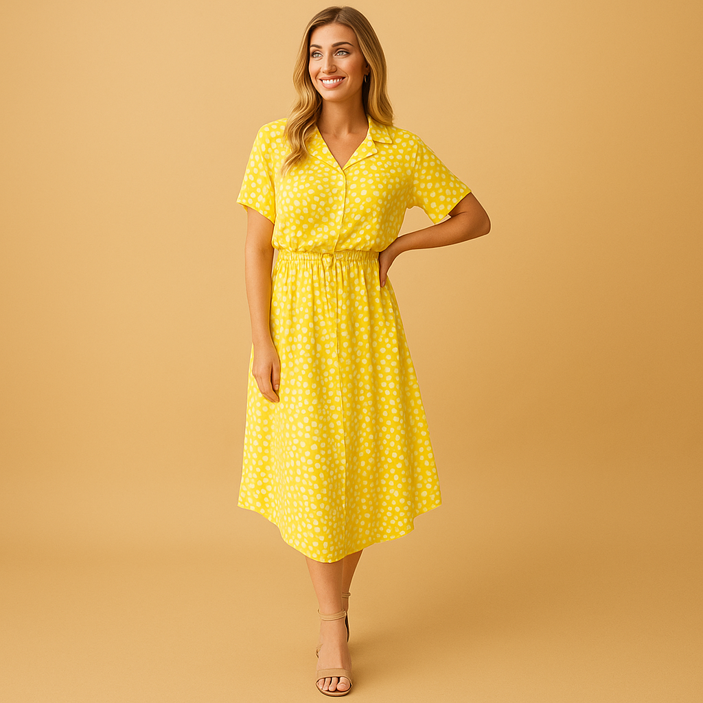 Women’s midi A-line dress with V-neckline, short sleeves, and button details, perfect for summer outings, casual wear, or chic occasions.