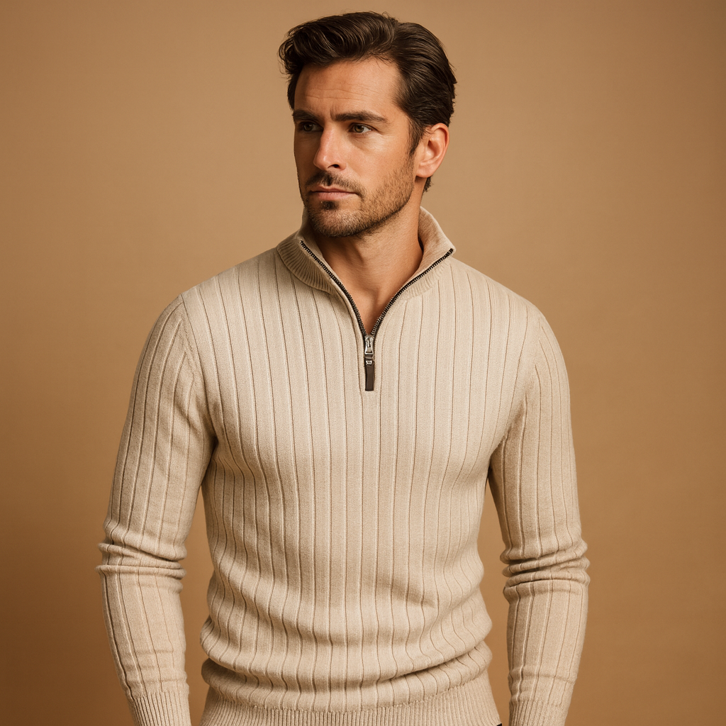 Men’s modern half-zip sweater with rib-knit sleeves, designed for warmth and smart-casual outfits during autumn and winter.