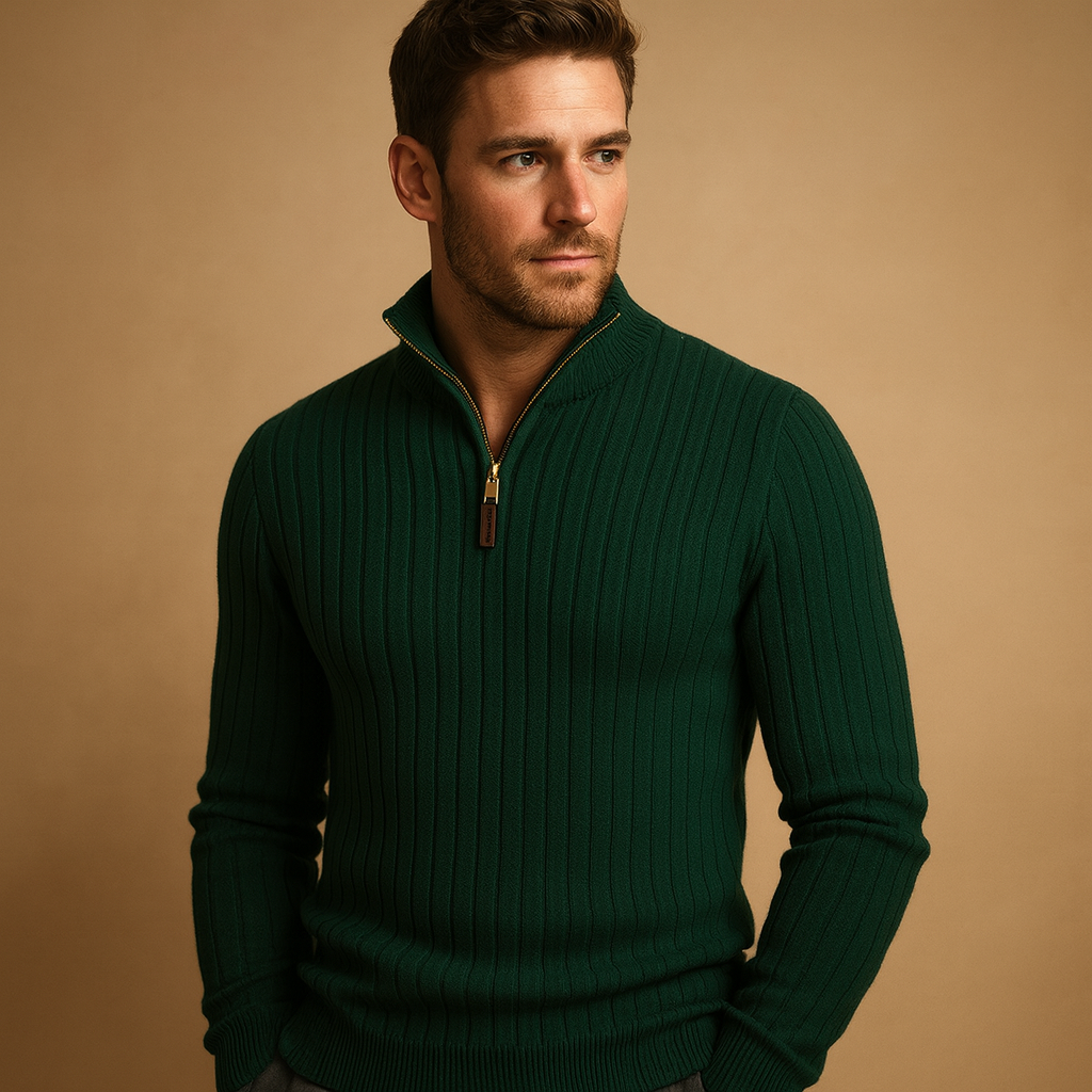 Men’s modern half-zip sweater with rib-knit sleeves, designed for warmth and smart-casual outfits during autumn and winter.