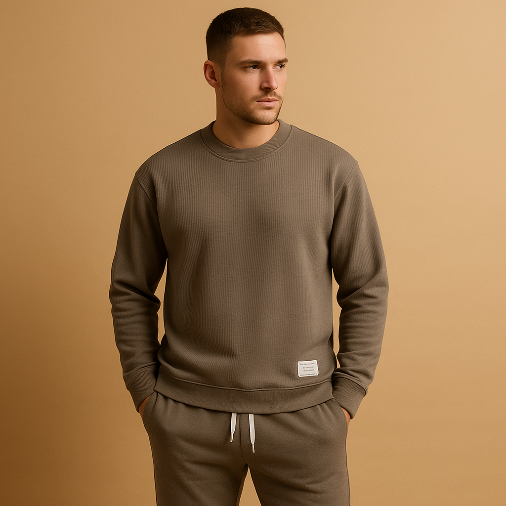 Men’s jogging set with sweater and jogger jeans. Relaxed fit and modern design, perfect for casual wear, light activities, and everyday comfort.