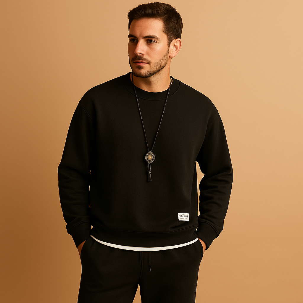 Men’s jogging set with sweater and jogger jeans. Relaxed fit and modern design, perfect for casual wear, light activities, and everyday comfort.