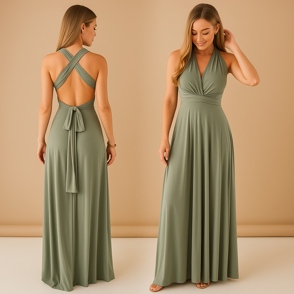 Elegant multiway wrap dress for women with pleated waist and long straps, offering 20+ styling options. Perfect for weddings, parties, and formal events.
