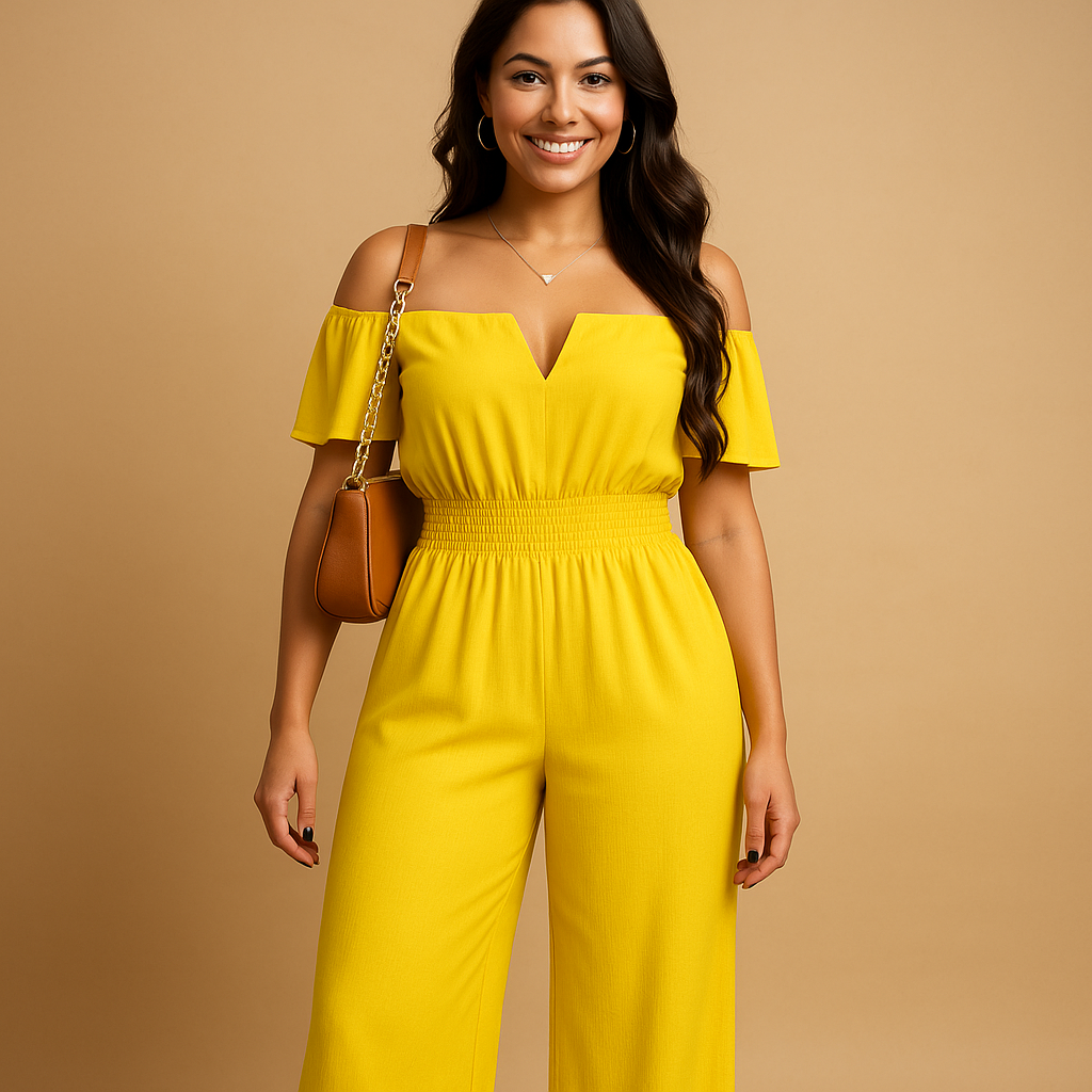 Women’s off-shoulder pleated jumpsuit with elastic waist and short sleeves, available in multiple colors. Perfect for summer parties, brunch, and beach outings.
