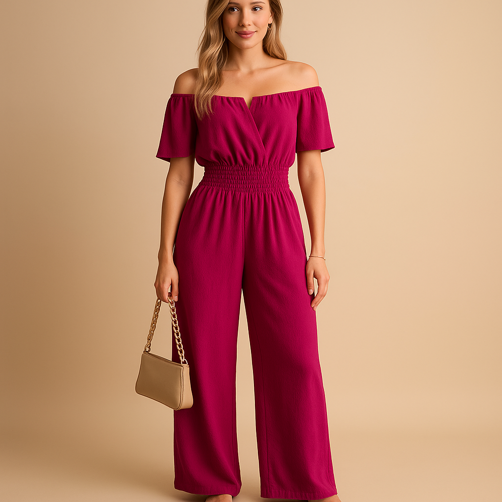 Women’s off-shoulder pleated jumpsuit with elastic waist and short sleeves, available in multiple colors. Perfect for summer parties, brunch, and beach outings.