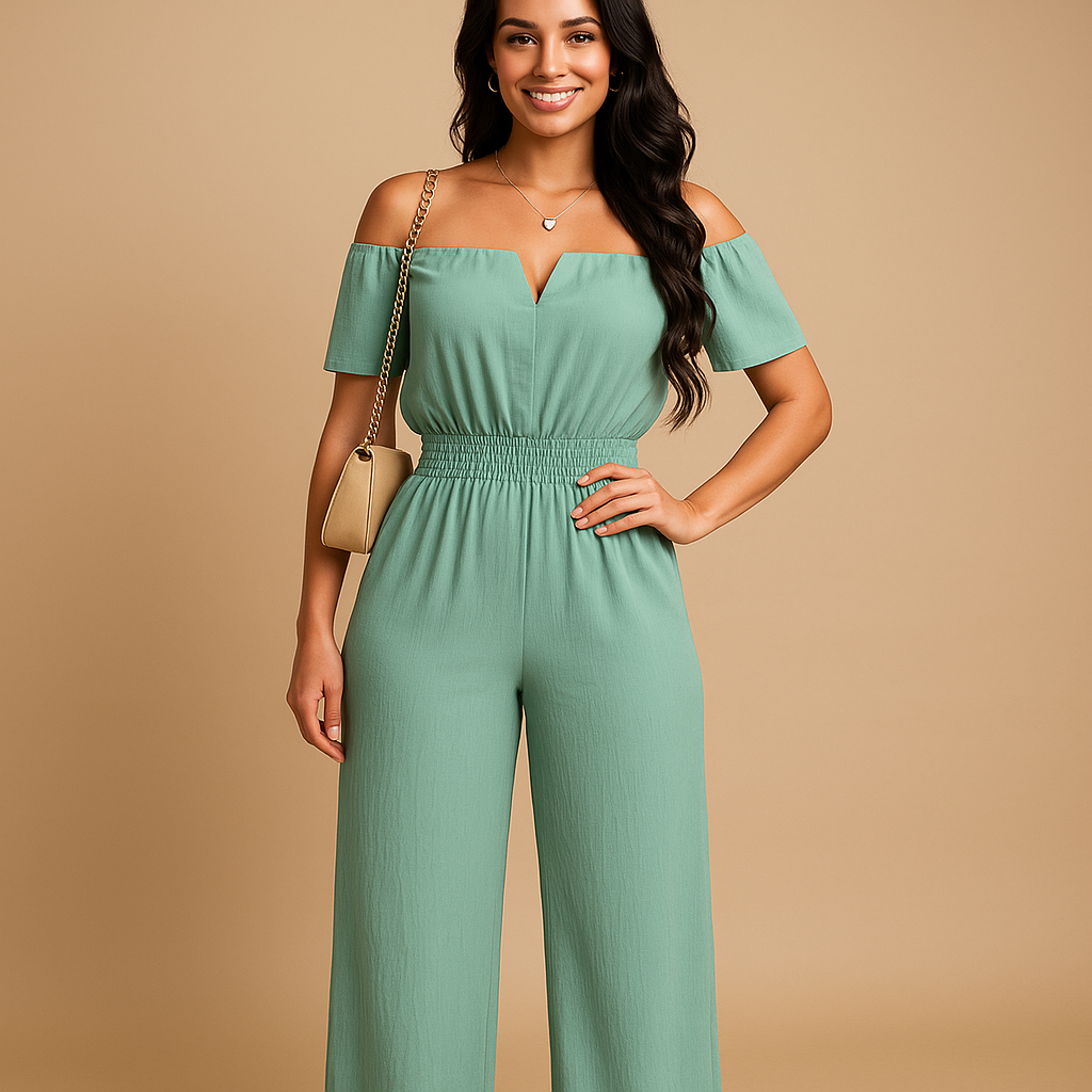 Women’s off-shoulder pleated jumpsuit with elastic waist and short sleeves, available in multiple colors. Perfect for summer parties, brunch, and beach outings.