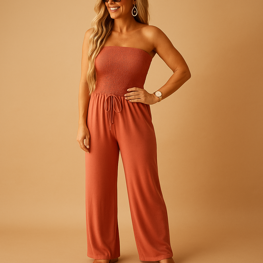 Women’s orange off-shoulder summer jumpsuit with soft fabric, practical pockets, and a flattering fit. Perfect for casual outings and summer parties.