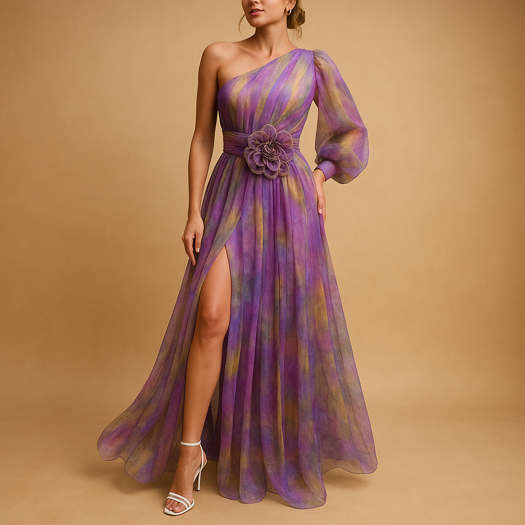 One-shoulder beach dress for women named Serena, featuring an asymmetrical design, elegant slit, and flowy fit perfect for summer parties and vacations.