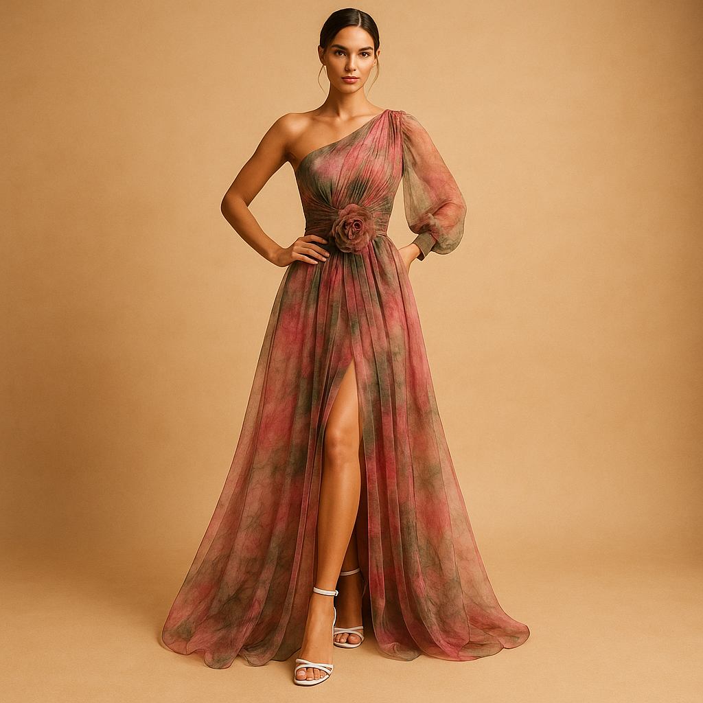 One-shoulder beach dress for women named Serena, featuring an asymmetrical design, elegant slit, and flowy fit perfect for summer parties and vacations.