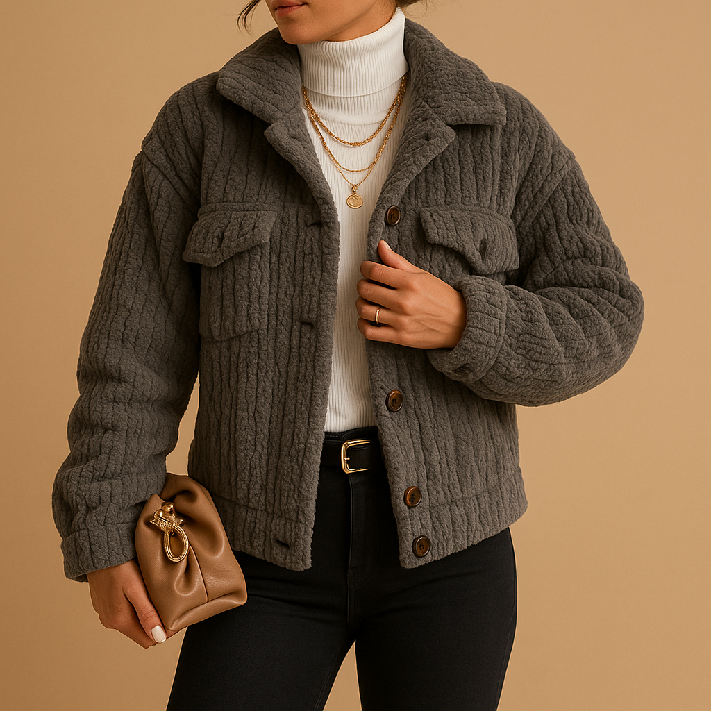 Oversized coat for women with soft fabric, boxy silhouette, pearl buttons, and seamless flap pockets, available in neutral tones for versatile styling.