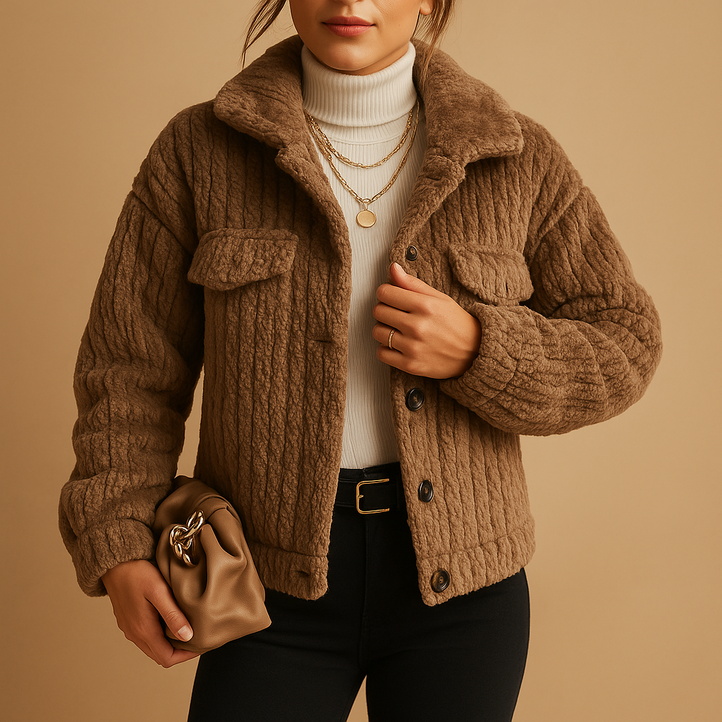 Oversized coat for women with soft fabric, boxy silhouette, pearl buttons, and seamless flap pockets, available in neutral tones for versatile styling.
