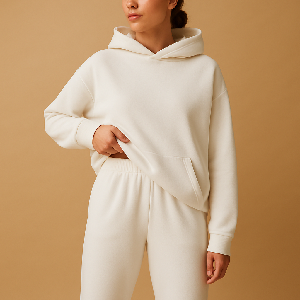 Oversized hoodie and jogger set for women with soft fabric and relaxed fit, available in beige, black, grey, light green, blue, pink, light blue, white, and dark green.