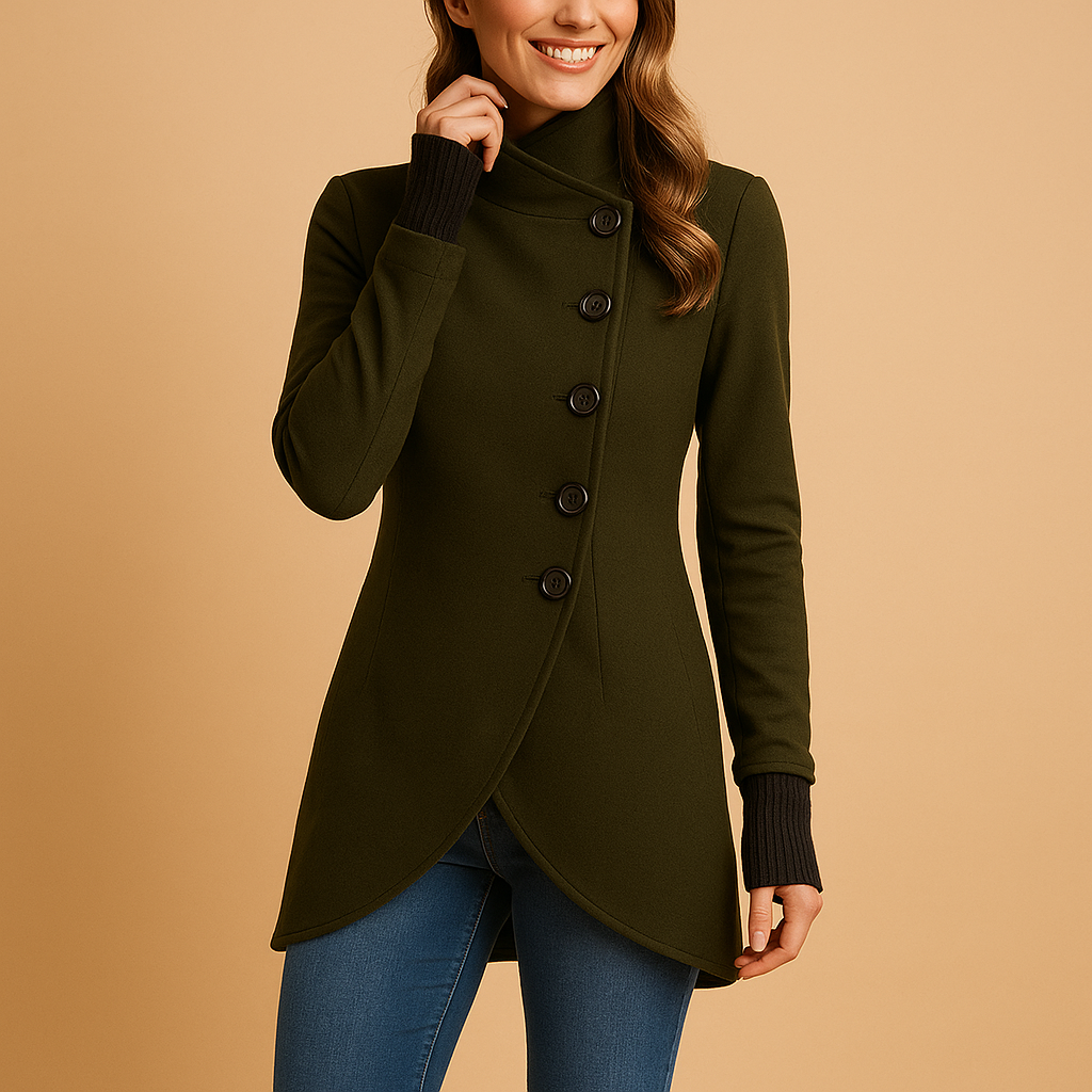 Women’s oversized winter coat with asymmetric button closure, hip-length design, and soft cotton finish. Ideal for warm and stylish winter outfits.