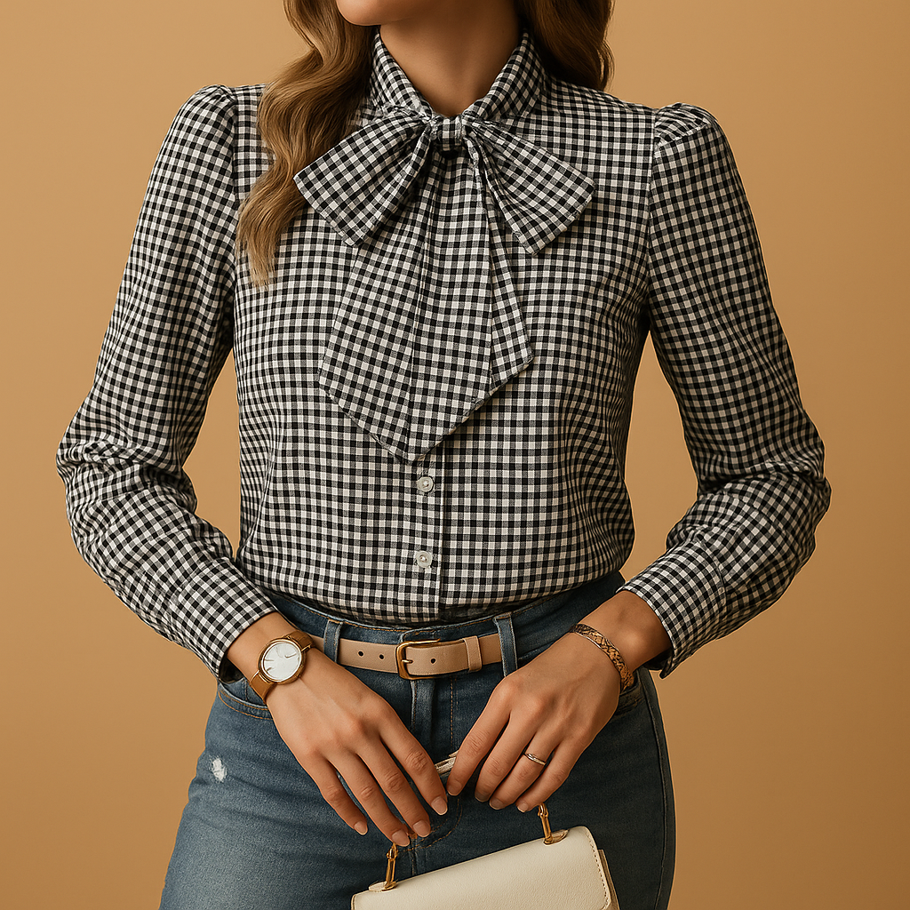 Elegant plaid bow tie blouse for women with breathable fabric and classic design, perfect for work or casual occasions.