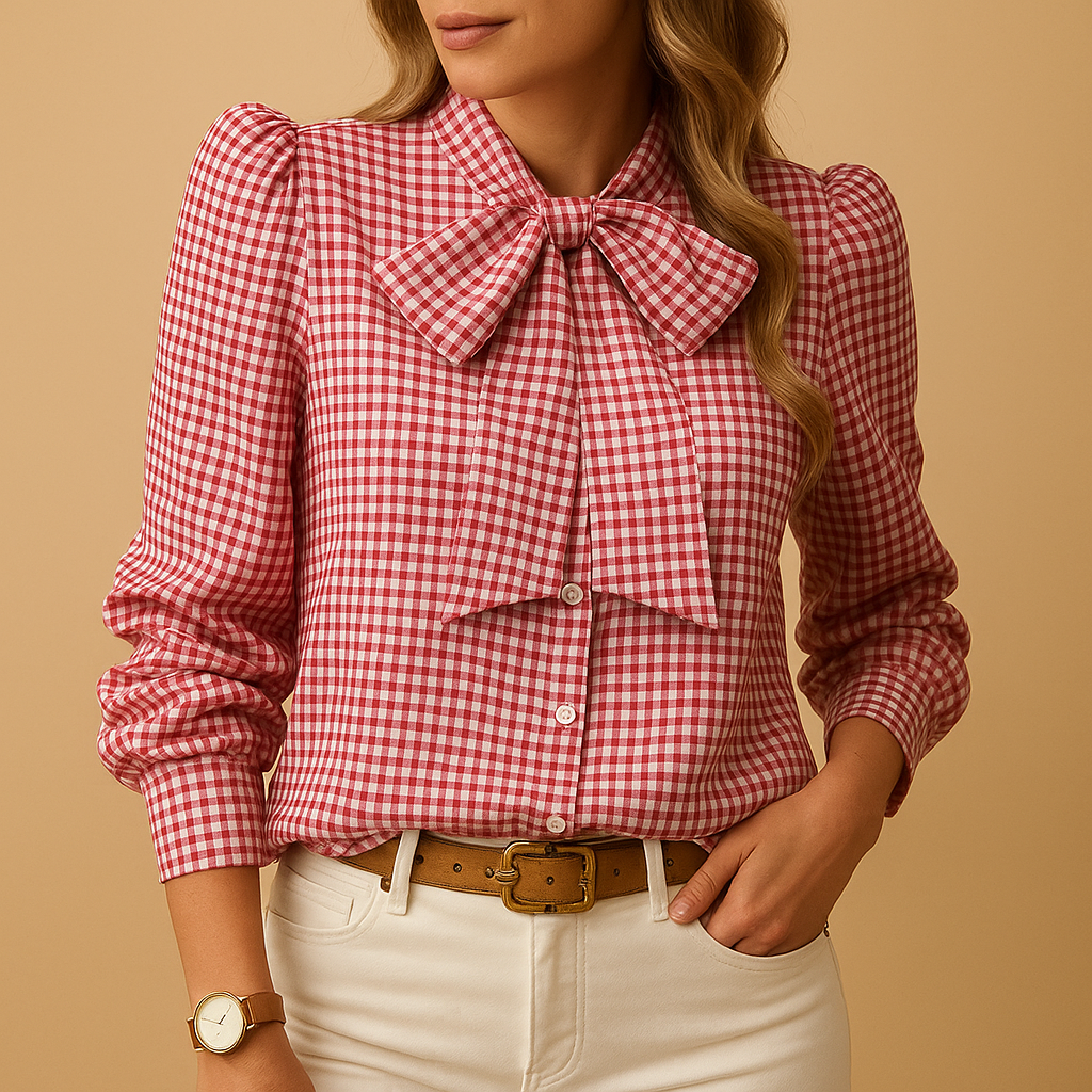 Elegant plaid bow tie blouse for women with breathable fabric and classic design, perfect for work or casual occasions.