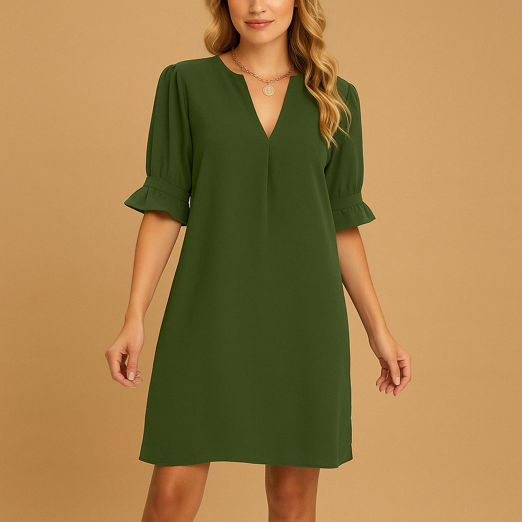 Women’s pleated midi dress with half sleeves in army green, black, navy, light blue, and white, perfect for casual and semi-formal occasions.
