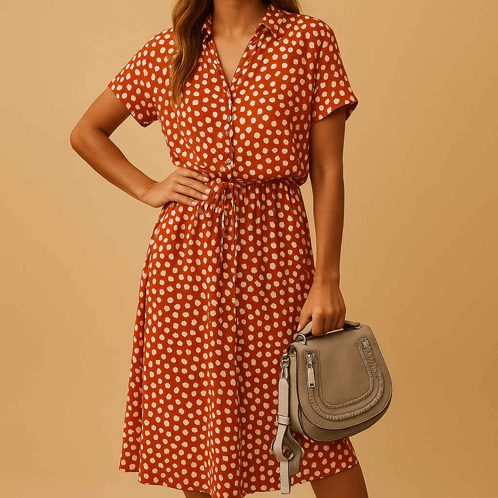 Polka dot midi dress for women with soft cotton fabric and flattering fit, perfect for casual days, workwear, or elegant special occasions.