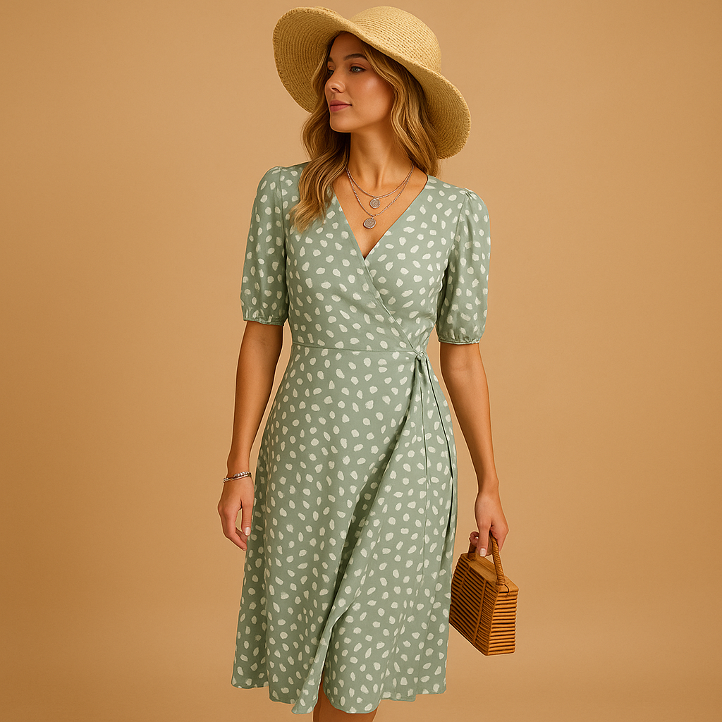 Elegant women’s polka dot summer dress with V-neck and flattering slit, perfect for beach days, garden parties, and warm summer outings.