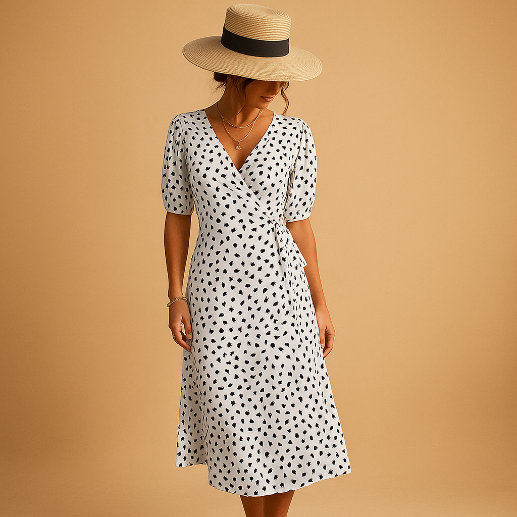 Elegant women’s polka dot summer dress with V-neck and flattering slit, perfect for beach days, garden parties, and warm summer outings.