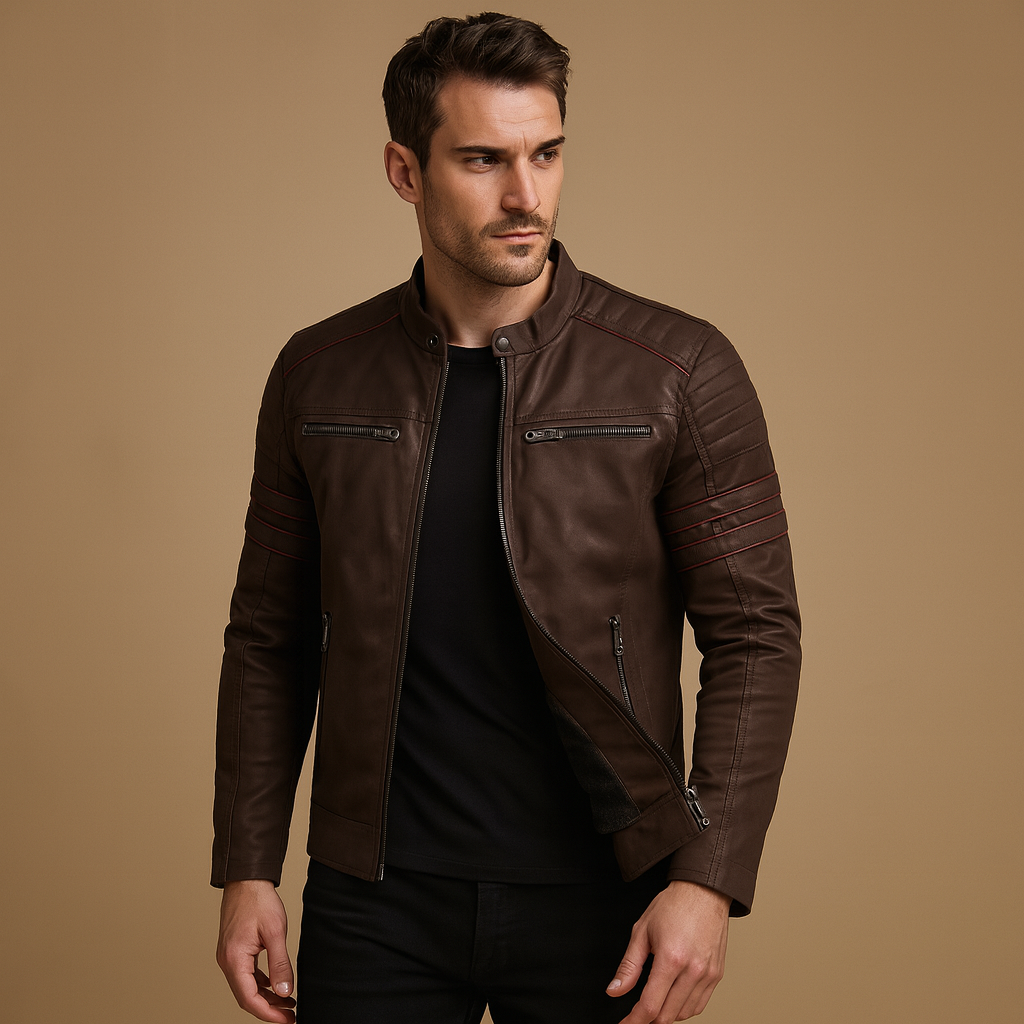 Men’s premium biker jacket with structured fit, weather-resistant material, bold timeless design, ideal for motorcycle rides and casual wear.