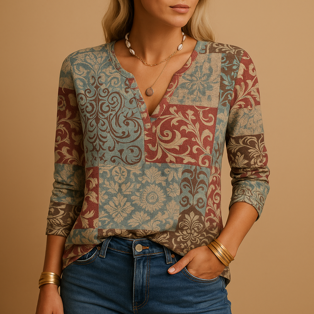 Stylish printed long sleeve top for women in cotton blend with patchwork and stripe designs, perfect for casual and trendy looks.