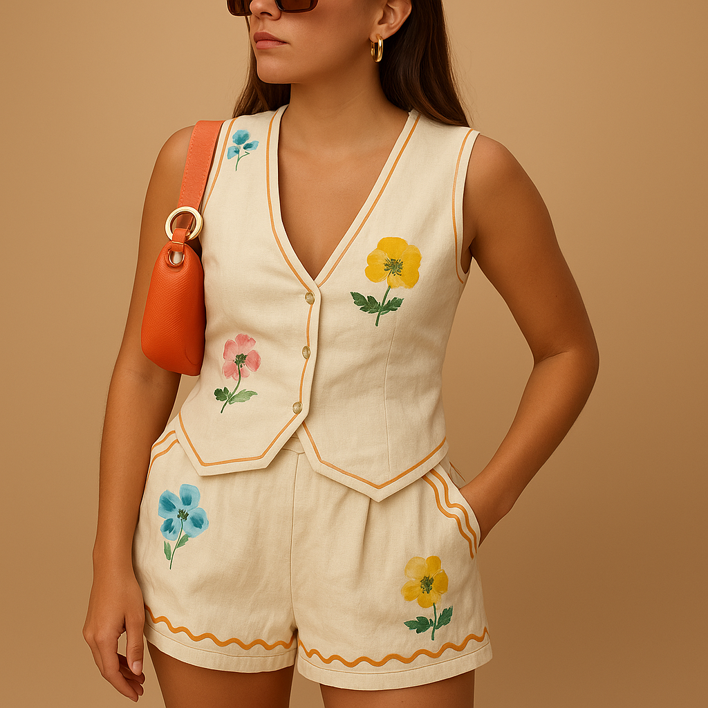 Printed shirt and shorts loungewear set for women with breathable fabric and relaxed fit, perfect for vacations, casual outings, or lounging at home.