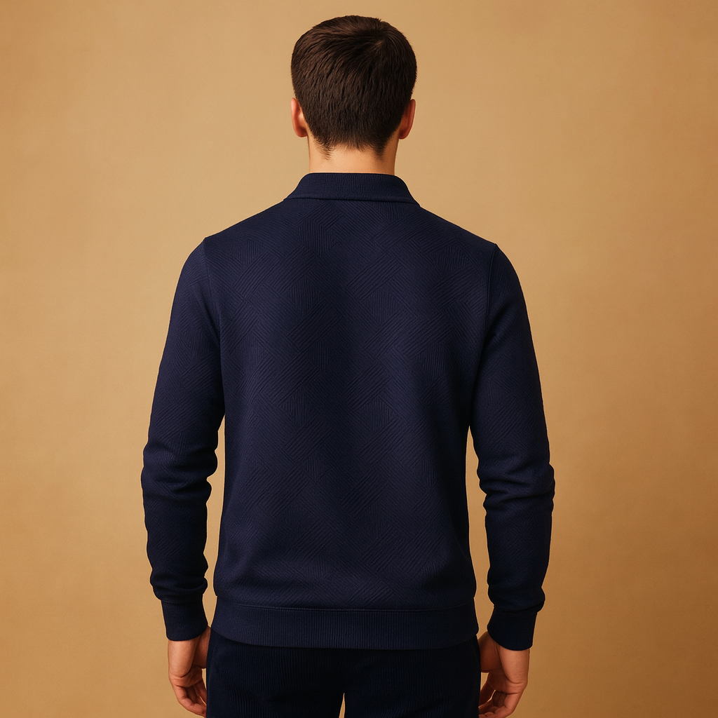 Men’s quarter-zip polo sweater with a geometric pattern, shown in multiple colors and designed for stylish everyday and workwear in cooler seasons.