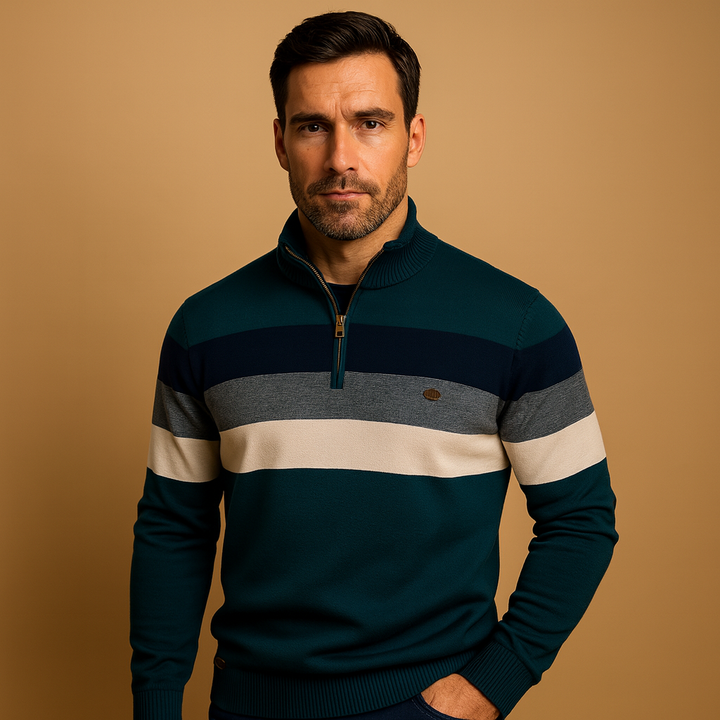 Men’s retro striped zip pullover with a soft feel and casual fit, ideal for daily wear and smart-casual outfits in autumn and winter.