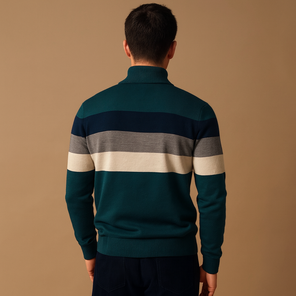 Men’s retro striped zip pullover with a soft feel and casual fit, ideal for daily wear and smart-casual outfits in autumn and winter.