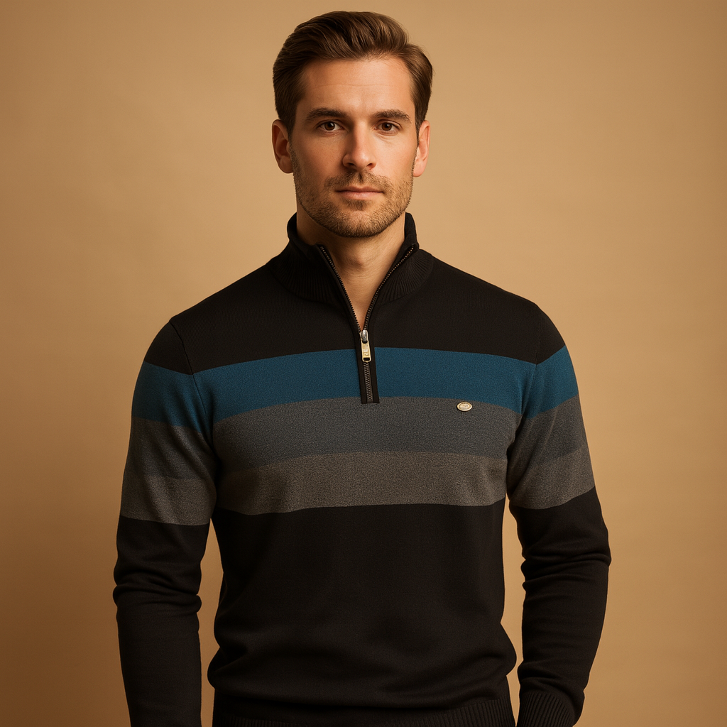 Men’s retro striped zip pullover with a soft feel and casual fit, ideal for daily wear and smart-casual outfits in autumn and winter.