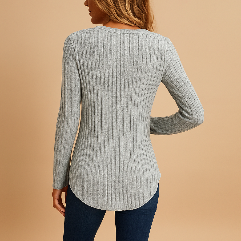 Elegant ribbed V-neck top for women with button details in grey, perfect for casual outfits and layering in cooler seasons.