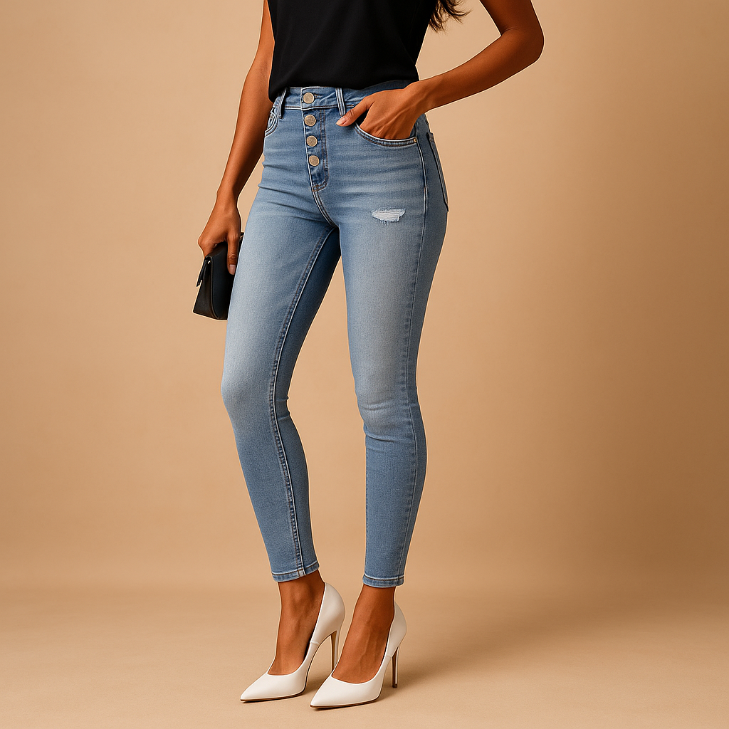 Women’s ripped slim fit jeans in premium cotton denim with distressed details, perfect for casual or night-out outfits.