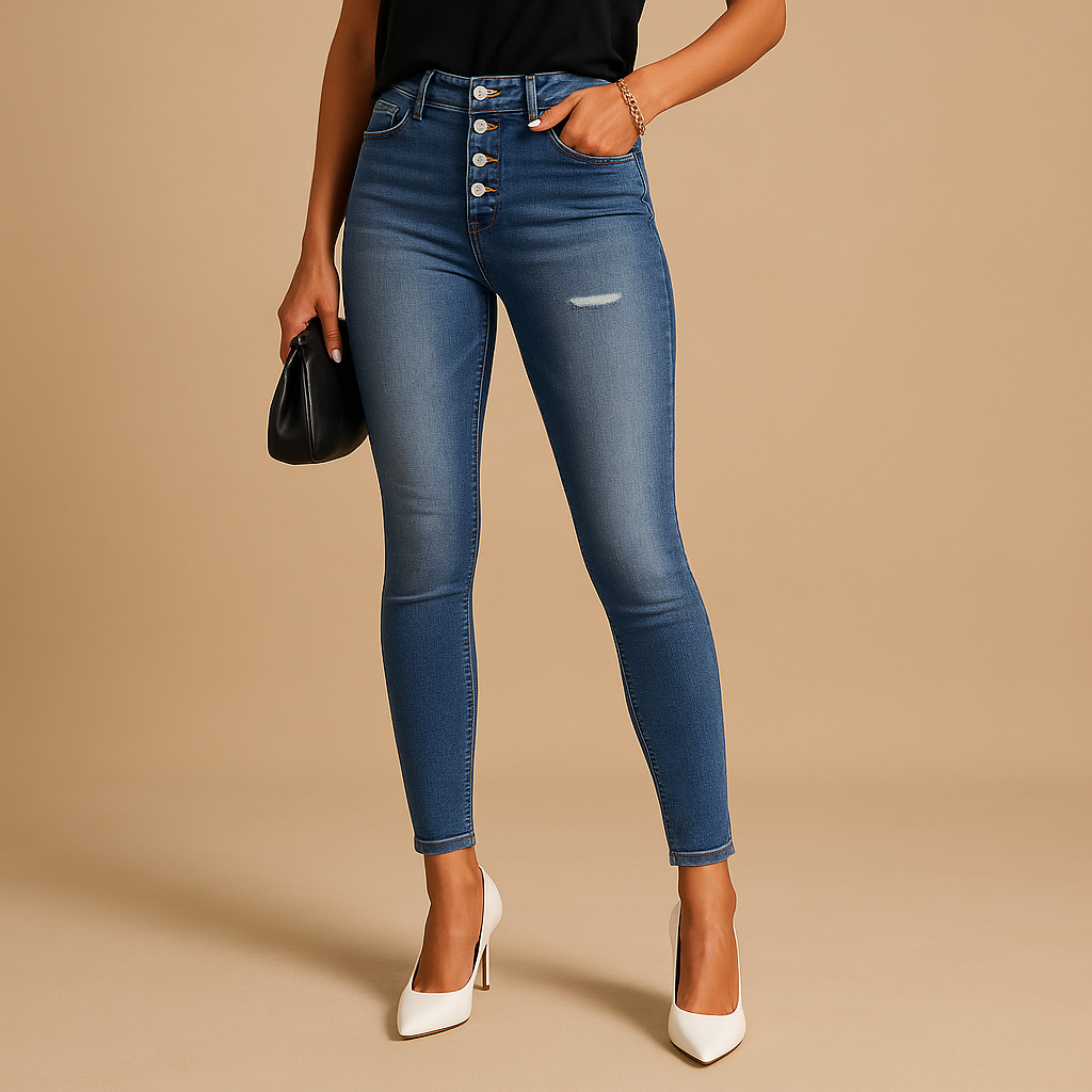 Women’s ripped slim fit jeans in premium cotton denim with distressed details, perfect for casual or night-out outfits.